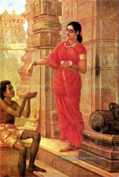 Ravi Varma dame faisant l’aumône au Temple Peinture à l'huile